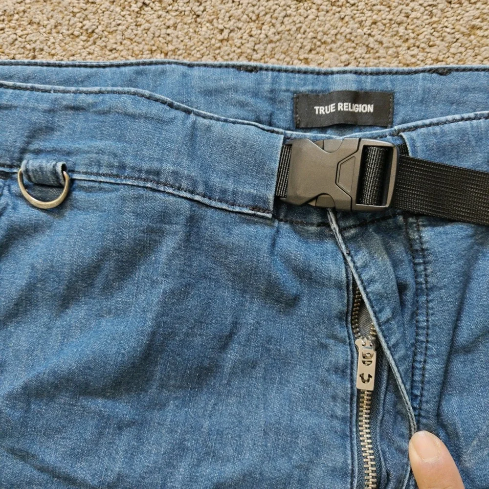 True Religion Mens 40W Blue Tactical Utility Denim Shorts Buckle Belt D-Ring‎